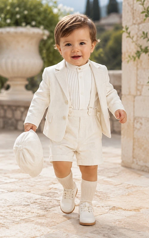 Elfenbeinfarbener Blazer mit Abnähern, kurzes formelles Tauf-Outfit für Jungen