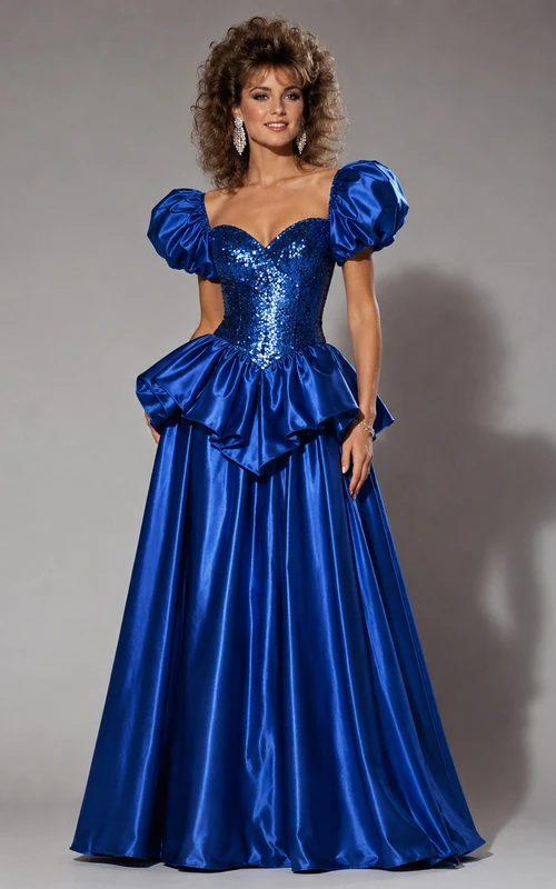 Vestido de fiesta de lentejuelas con escote corazón, manga corta y pliegues con lazo, largo hasta el suelo.