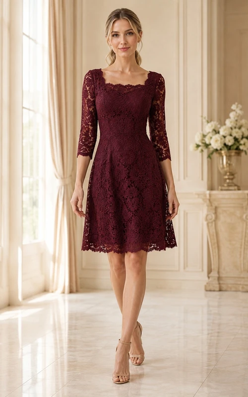 Robe de soirée d'invitée en dentelle bordeaux, col carré, manches trois-quarts, coupe fourreau, longueur genou