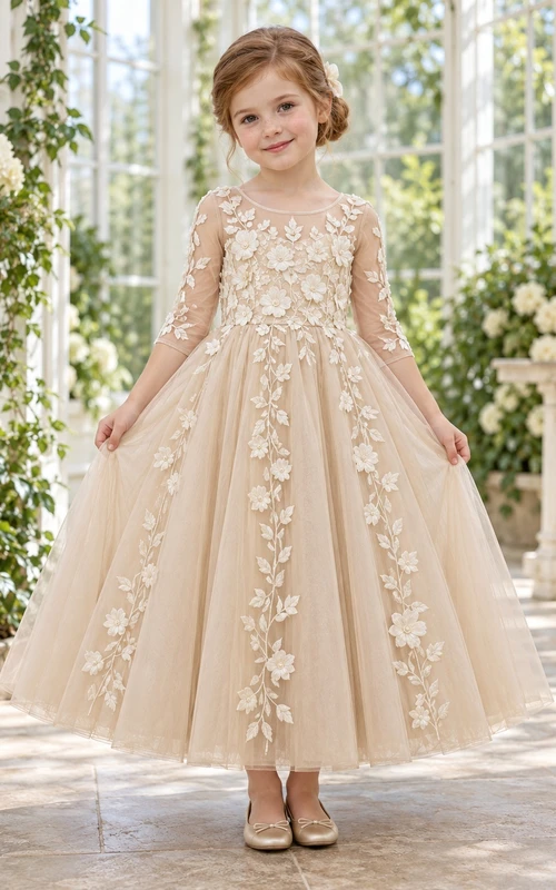 Three-quarter-sleeve Champagne Floral A-line Tulle Ankle-length Illusion-Neck Appliqued Flower Girl Dress