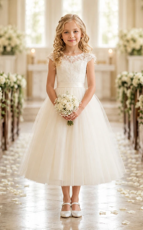Ivory Lace Illusion Bodice Tulle Flower Girl Dress