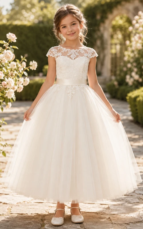 Tüll-Blumenmädchenkleid mit Puffärmeln