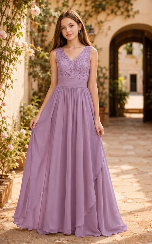 Lavendelfarbenes Brautjungfernkleid für junge Frauen, A-Linie, V-Ausschnitt, ärmellos, Spitze, romantisch