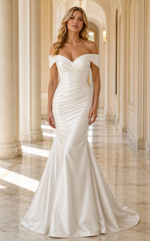 Robe de mariée élégante en satin, sexy, décolleté épaules dénudées, bustier cœur, froncée, traîne sirène.