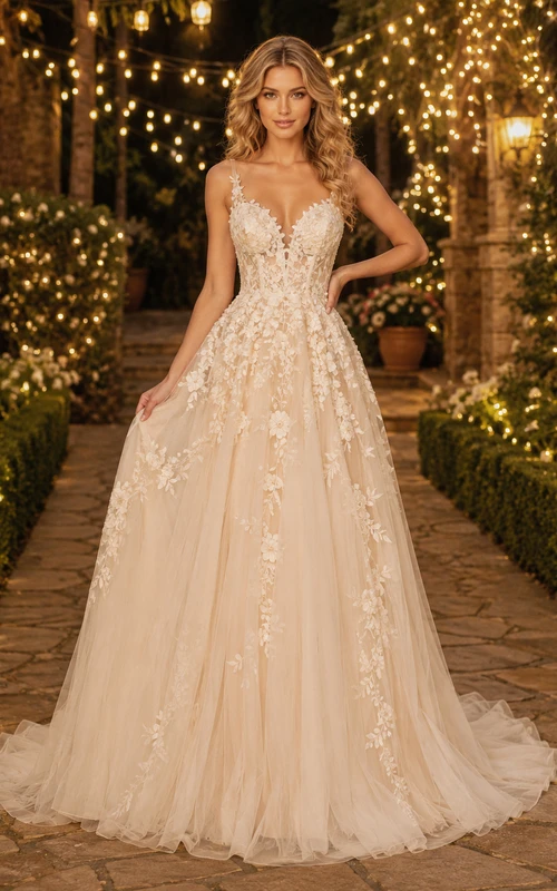 Brautkleid mit Champagner-Blumenapplikationen, Tüll und Lichterketten