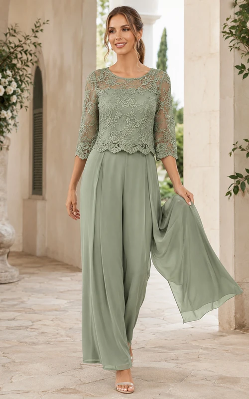 Traje de dos piezas de gasa con mangas tres cuartos de encaje y pantalón ancho para invitada, color verde salvia.