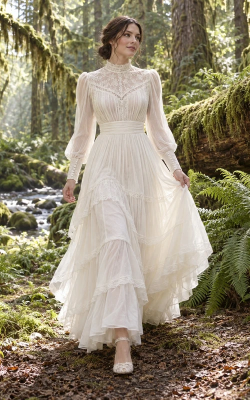 Vestido de novia vintage de voile tejido con escote alto, mangas largas y bajo asimétrico.