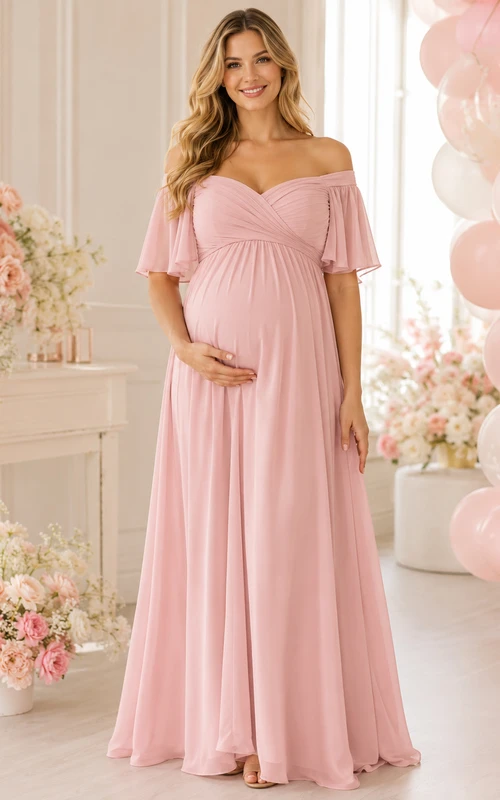 Romantisches Umstandskleid aus Chiffon in zartem Rosa mit Empire-Stil, bodenlang, schulterfrei und kurzen Ärmeln, in der Farbe Petal Shower Blush