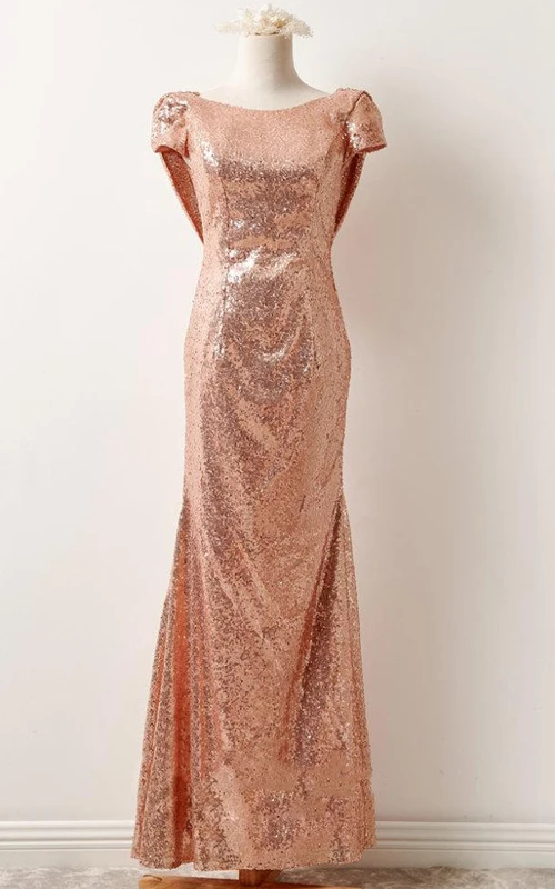 Roségoldenes Pailletten-Abendkleid mit kurzen Ärmeln, sexy, formell und elegant von Petit Bonheur