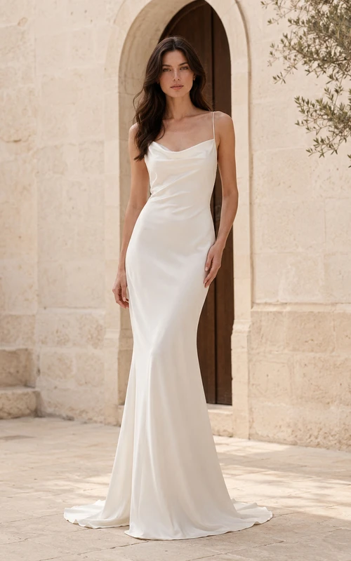 Robe de mariée moderne en satin, asymétrique, sans manches, fourreau, coupe fluide, élégante et raffinée.