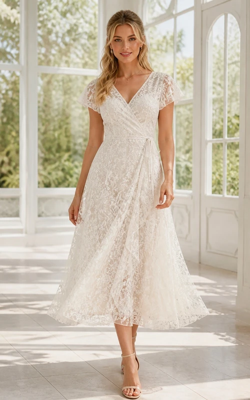 Vintage-Kleid aus Spitze, schlicht, teelang, A-Linie, V-Ausschnitt, kurze Ärmel