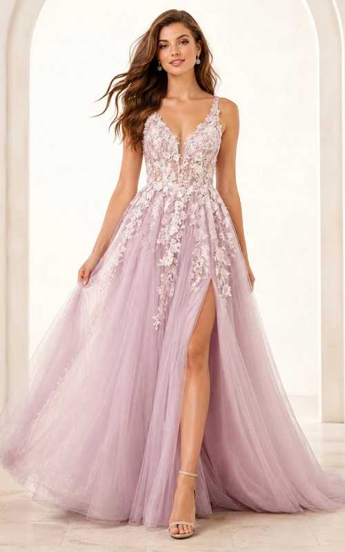 Blush V Neck Applique Tulle High Slit Prom Dress