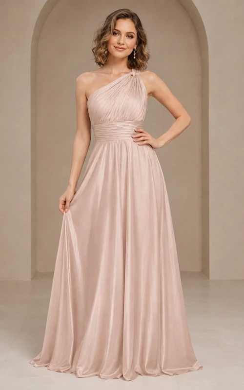 Blush One Shoulder Pleated Chiffon A Line Formal Dress