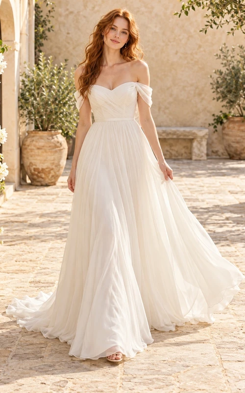 Simple Off Shoulder Sweetheart Chiffon Flowing A-line Train Wedding Dress