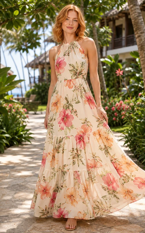 Halter Hibiscus Floral Tiered Beach Resort Maxi Dress