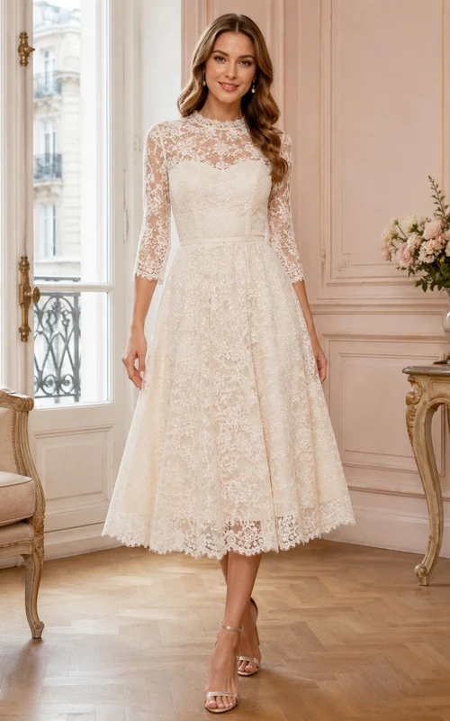 Ivory Floral Lace Square Neck Straps Sleeveless Tea Length Dress