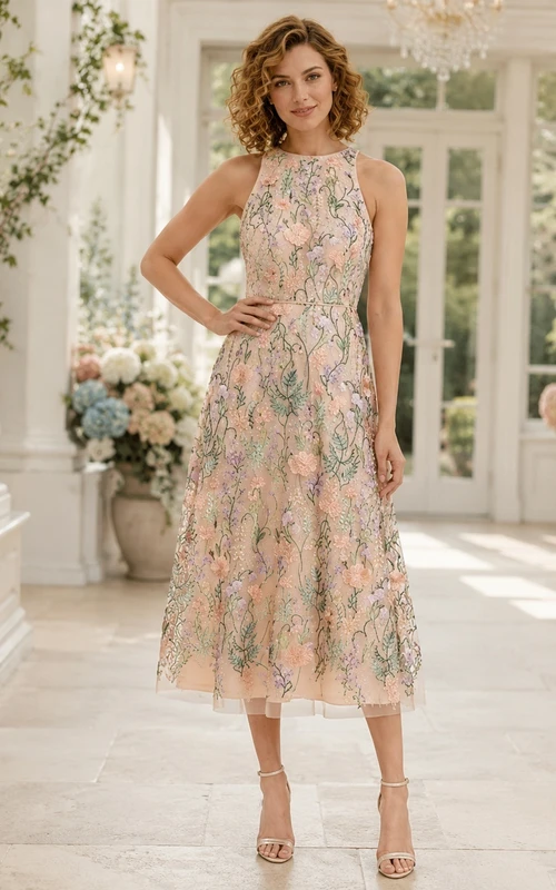 Pastel Floral Embroidered Organza Jewel Neck Pleated Tea-length Garden Guest Dress