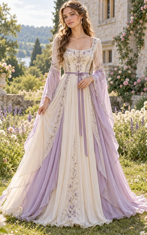 Medieval Lavender Floral Long Bell Sleeve Panelled Bridesmaid Dress