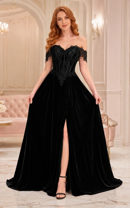 Black Velvet Lace Off-the-shoulder Short Sleeve Mermaid Floor-length Sweep Train Split Gown