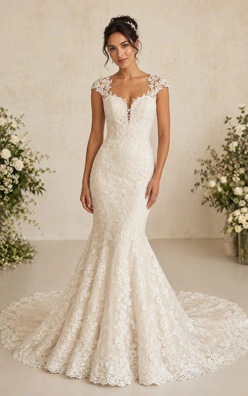 Robe de mariée sirène/trompette en dentelle illusion ivoire avec dentelle