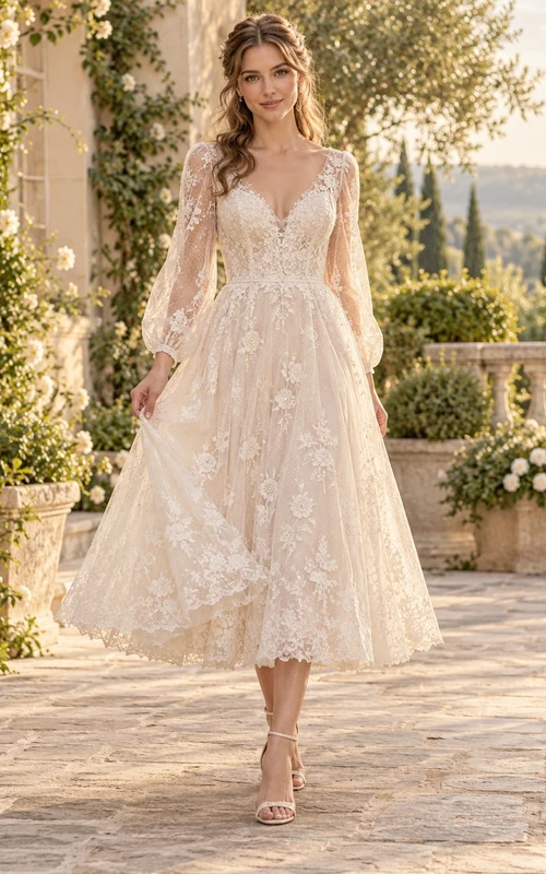 Vintage Tea-length V-neck Long Poet Sleeve Lace A-line Wedding Dress