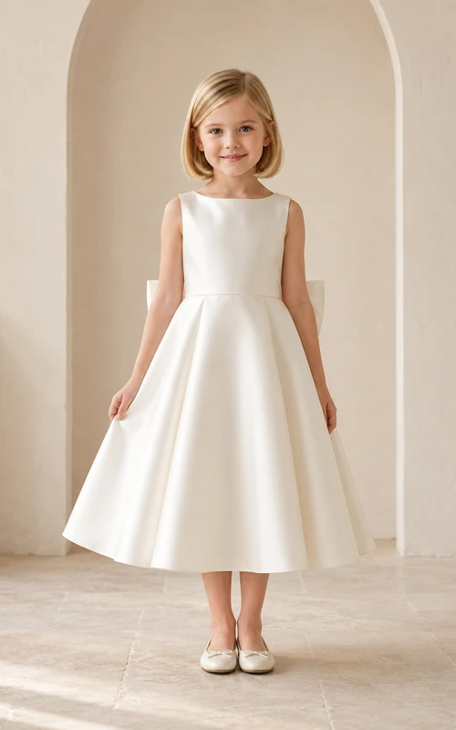 Blumenmädchenkleid aus elfenbeinfarbenem Satin, A-Linie, Rundhalsausschnitt, Teelänge, Schleifendetail