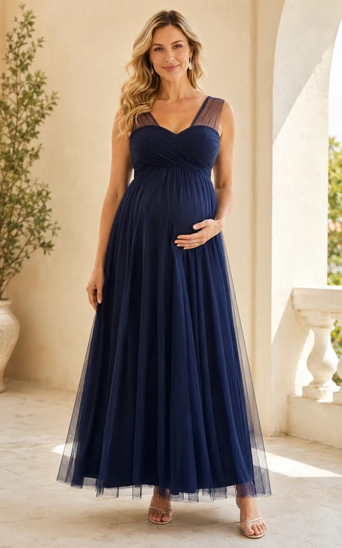 Robe de maternité bleu marine foncé à bretelles cœur, en tulle, longueur empire, robe de soirée longue en tulle.