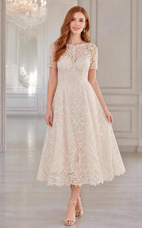 Teelanges, schlichtes Brautkleid mit Rundhalsausschnitt, kurzen Ärmeln und Spitze in A-Linie