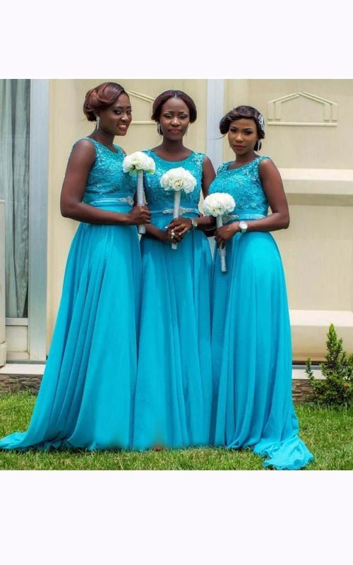 Ärmelloses A-Linien-Kleid aus Chiffon und Spitze mit Applikationen, Reißverschluss und A-Linien-Verzierung