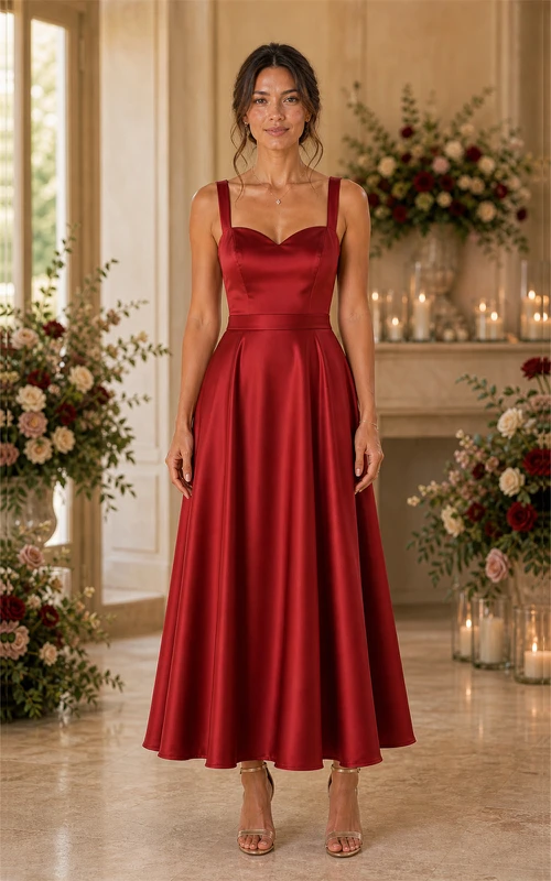 Robe rouge en satin à col carré et coupe trapèze, longueur thé