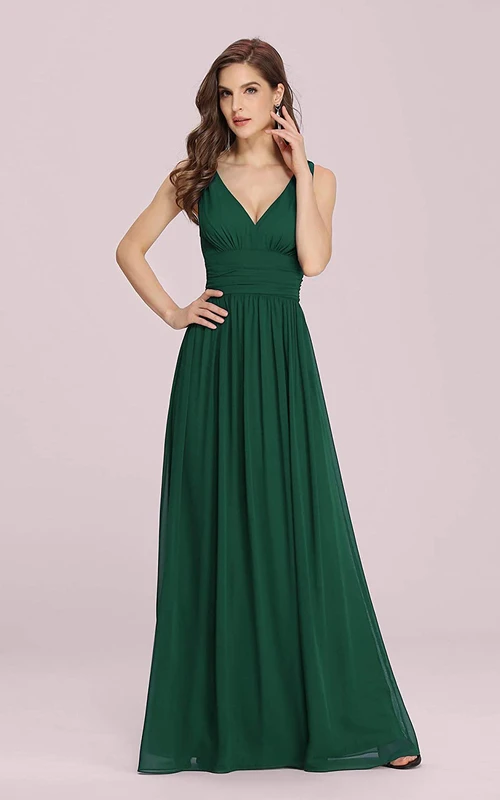 Casual Chiffon V-neck A Line Sleeveless Evening Dress With Ruffles