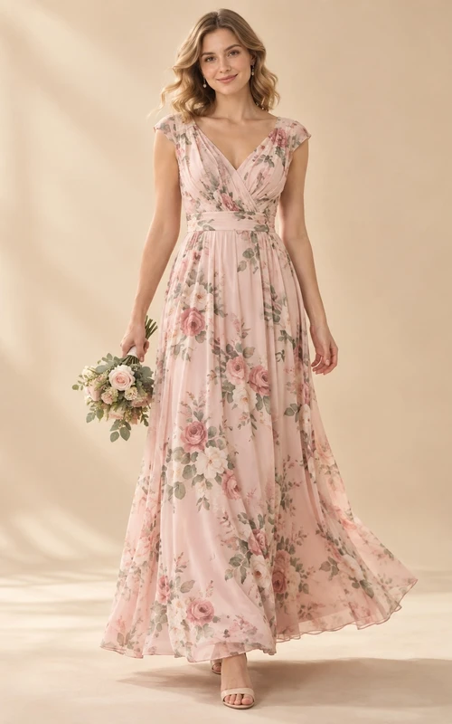 Brautjungfernkleid aus Chiffon in zartem Rosa mit Blumenmuster, dezentem V-Ausschnitt, flatternden Ärmeln und bodenlanger Länge
