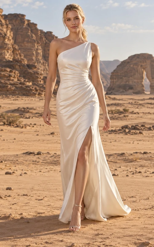 Vestido de novia sencillo de satén, de corte recto, con un solo hombro, fruncido y abertura.