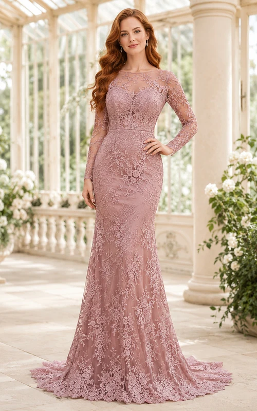 Dusty Rose Long Sleeve Lace Mermaid Formal Dress