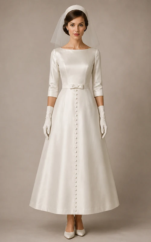 Bateau Satin Tea-Length Vintage Wedding Dress