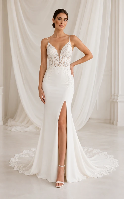 Wedding Sheath Satin Dress with V-Neck Lace Bodice and Split Front