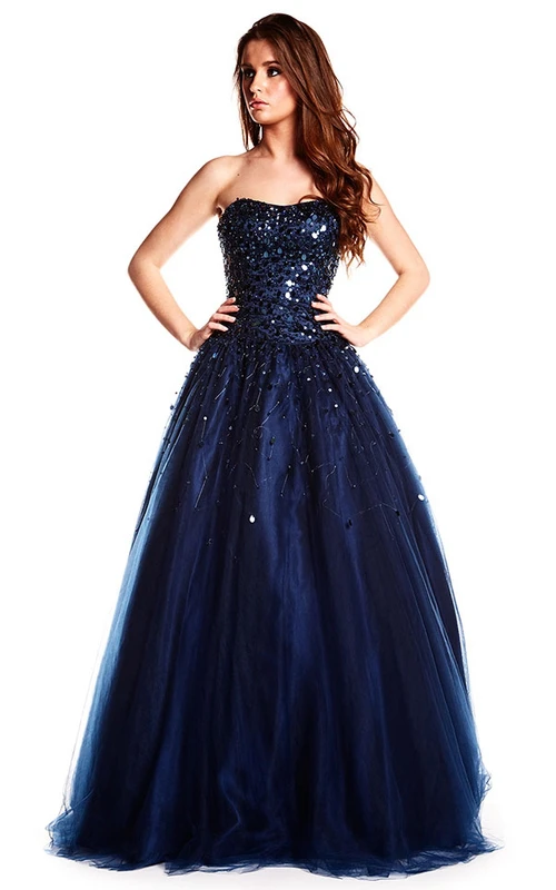 Robe de bal longue bustier en tulle perlé avec sequins et dos corset