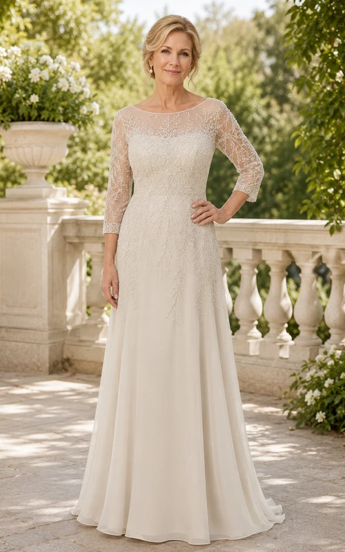 MOB-Kleid aus elfenbeinfarbenem Chiffon mit Spitze, A-Linie, 3/4-Ärmeln, U-Boot-Ausschnitt, bodenlang