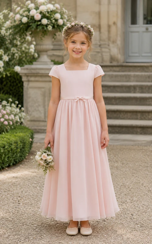 Simple Blushing Pink Chiffon Flower Girl Dress with Cap Sleeves
