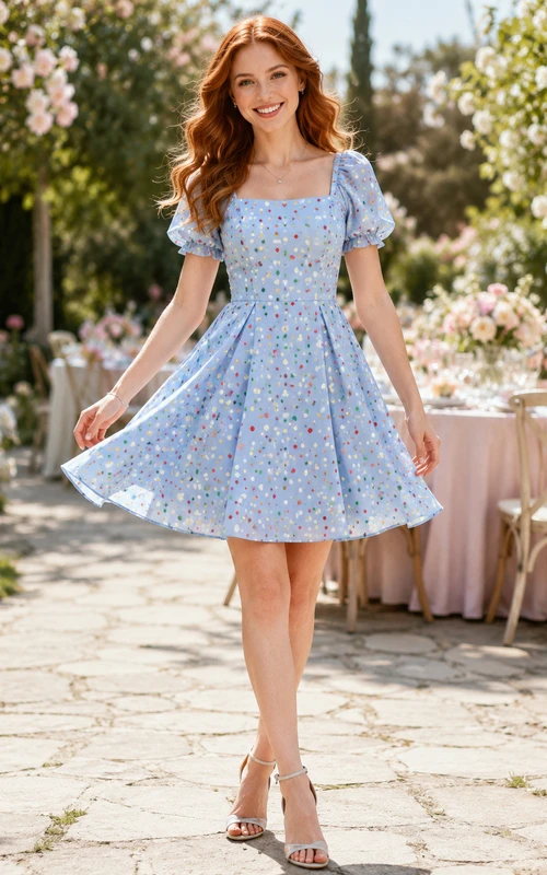 Blue Confetti Square Neck Puff Sleeve Fit Flare Mini Dress