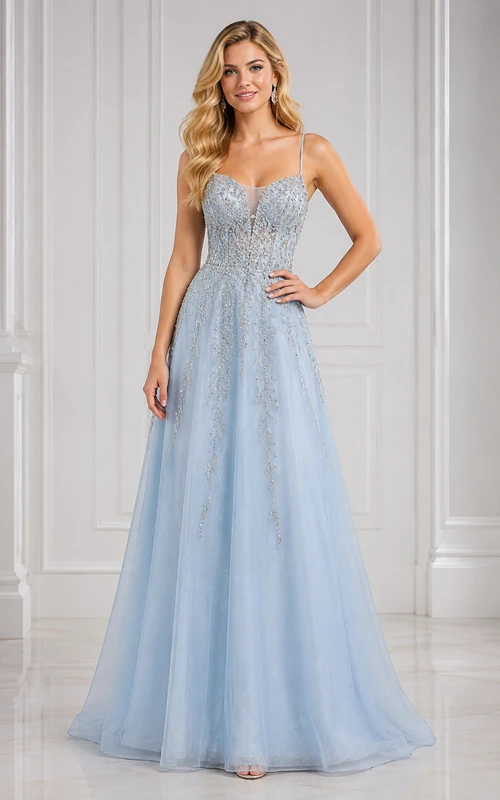 Vestido de fiesta azul cielo de tul con tirantes finos y corte en A, con corpiño adornado con apliques de cuentas.