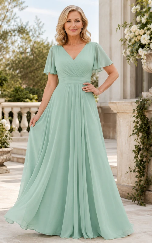 Mintgrünes Chiffon-Kleid in A-Linie mit V-Ausschnitt für Mütter