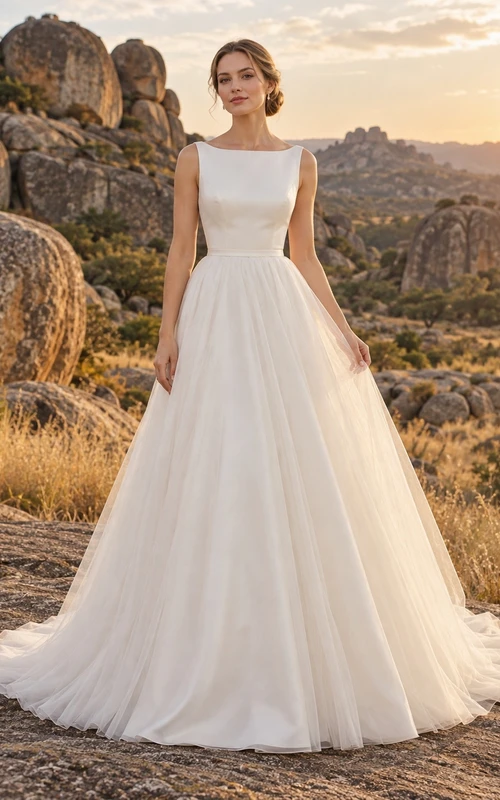 Vestido de novia sencillo y modesto con escote barco, de satén y tul, sin mangas y falda larga.
