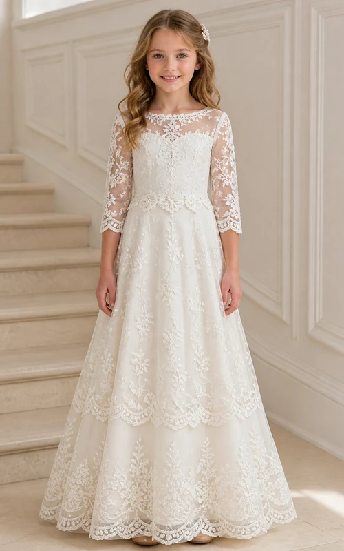 Modest Flower Girl Floor-length A-Line Scalloped Lace Sleeve Dress