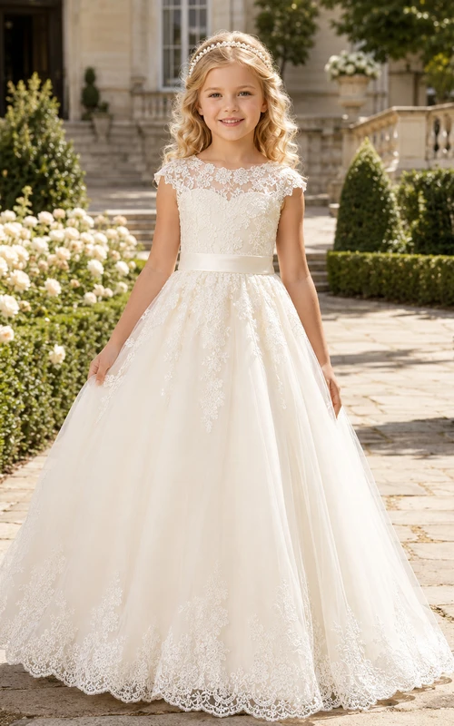 A-Line Flowergirl Lace Tulle Floor-Length Cap Sleeve Classic Garden Wedding Gown with Scalloped Hem