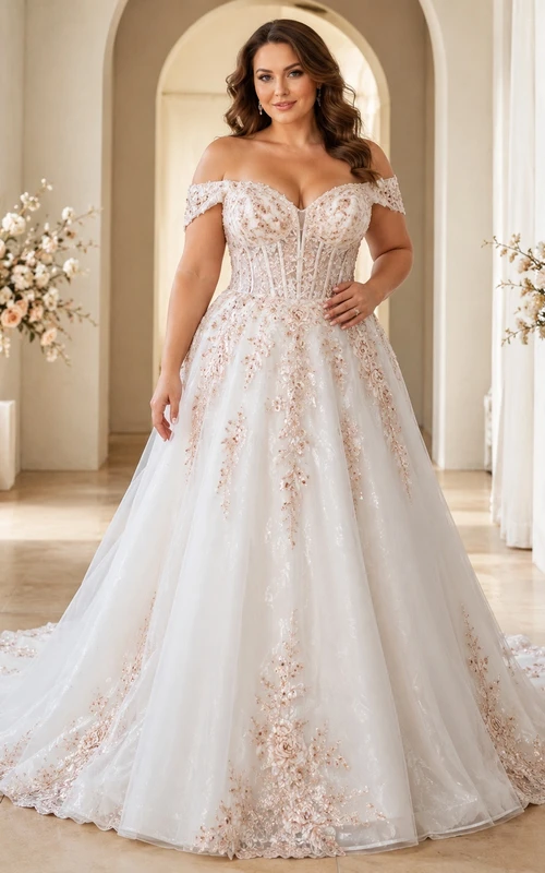 Roségoldenes, bodenlanges Brautkleid in A-Linie in Übergröße mit schulterfreiem Schnitt, kurzen Ärmeln und kurzem Rock.