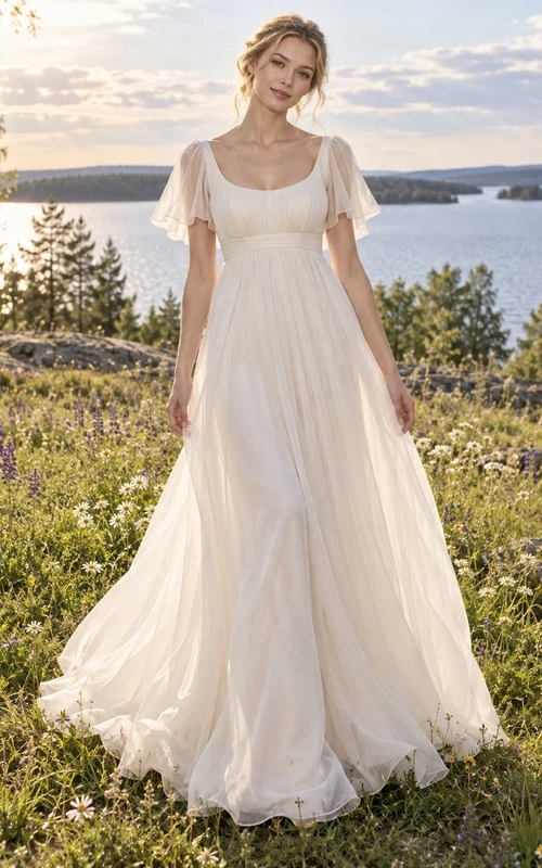 Sencillo vestido de novia de organza con corte en A, corpiño fruncido y mangas cortas transparentes.