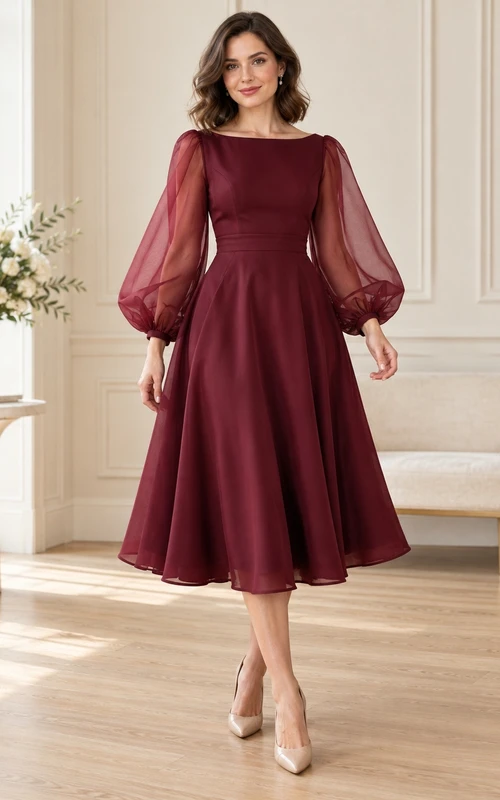 Modest Long Sleeve Burgundy Bateau Satin Tea Length Cocktail Dress