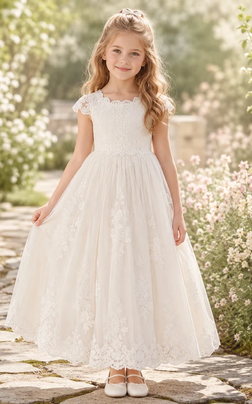 Lace Tulle A-Line Flower Girl Dress with Jewel Neck and Tea-Length Skirt