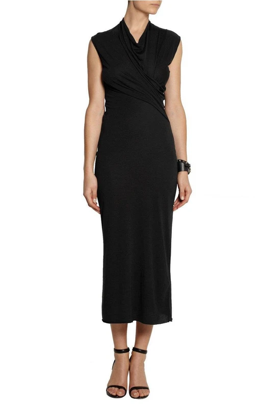 Robe fourreau mi-longue en jersey à col V et manches courtes avec fronces